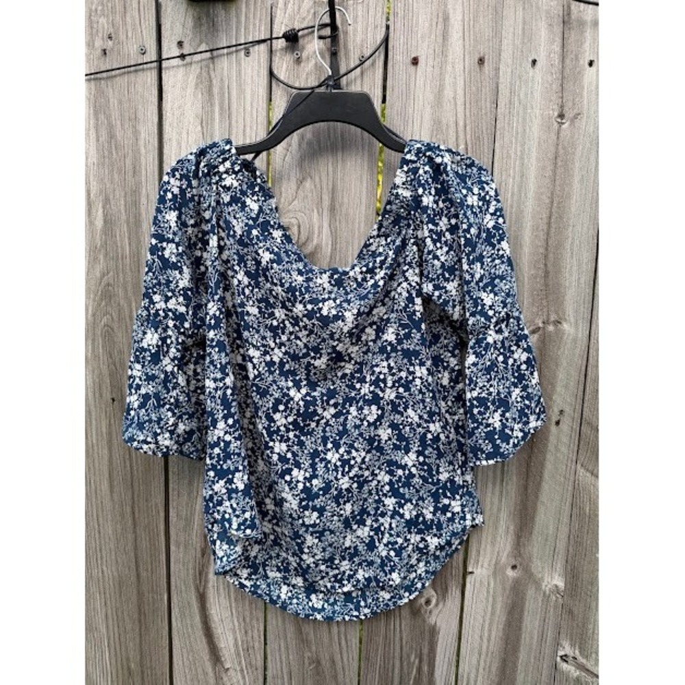 Cottagecore Boho Verse Off Shoulder Top M Navy Blue Floral Bell Sleeve Blouse